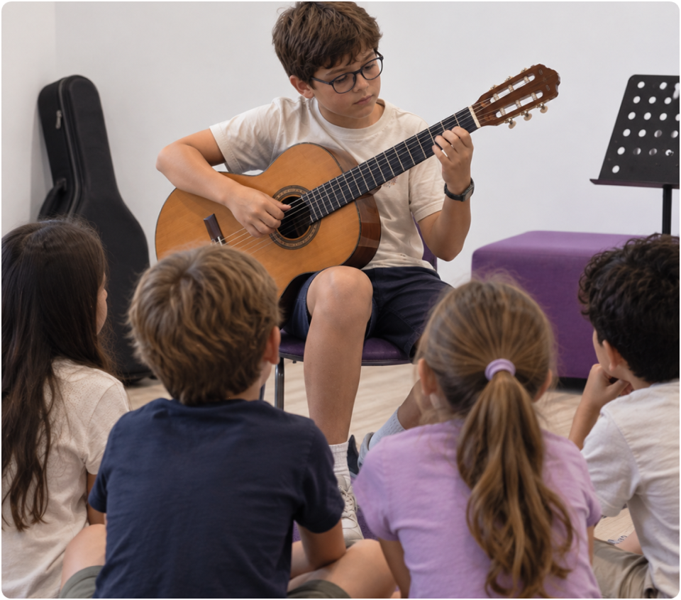 Guitar class with students watching a performance